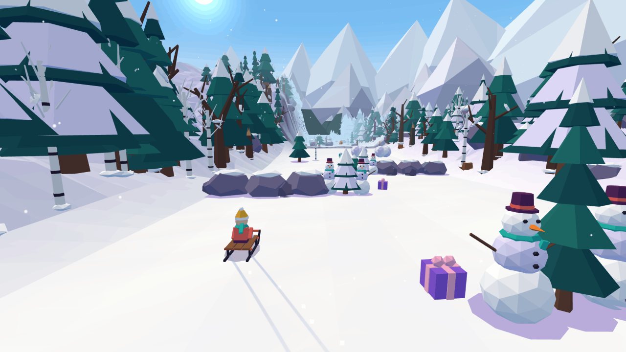 Snow Rider 3D: a sled racing down a sunny snowy slope past snowmen and gift boxes